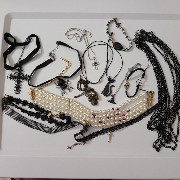 hallowen jewelry Jewelry - 13 Pc Halloween Gothic Jewelry Lot Chokers Necklace Bracelet Skulls Cross Pearl